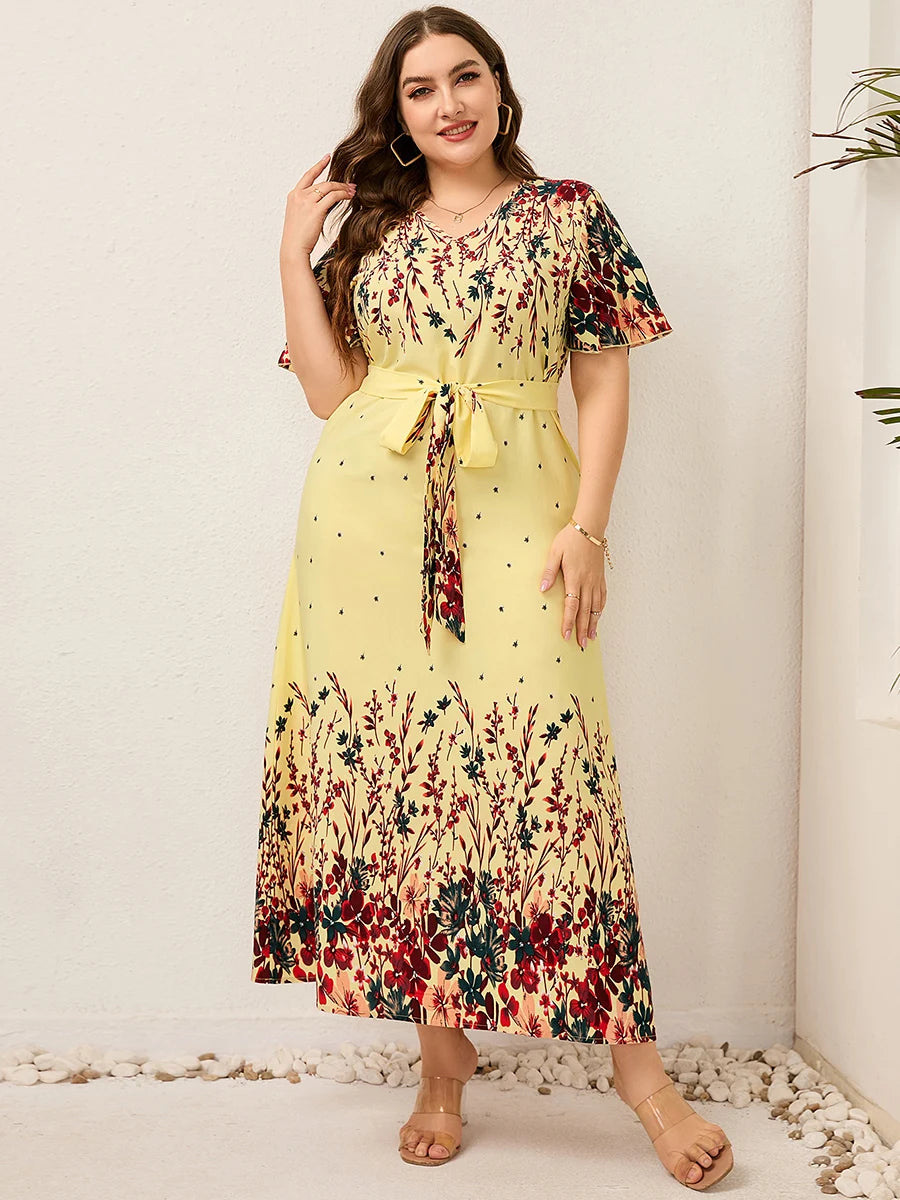 2023 Vestido largo de verano para mujer, cuello en V, manga corta, estampado Floral, Vestido de playa bohemio, mujer con curvas, ropa de talla grande para mujer