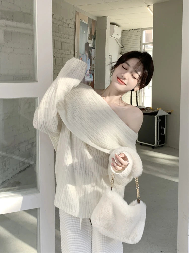 2022 Autumn Design Sexy White Knitted Sweater Women Long Sleeve Pure Color Korean Fashion Y2k Clothing Elegant Pullover Female