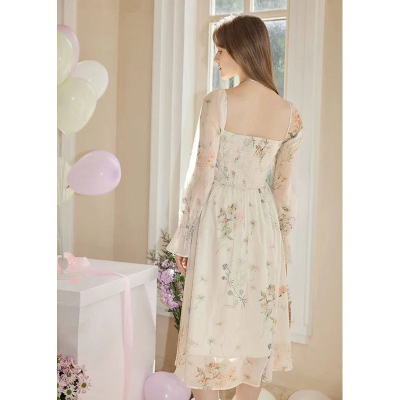 Robe De soirée mi-longue en mousseline De soie, tenue De soirée à fleurs, Style coréen, manches longues, plage, féerique, été, 2023