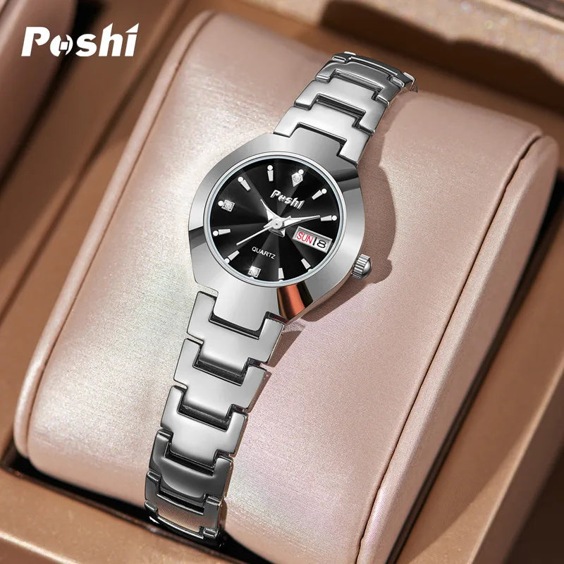 Swiss Brand POSHI Women Watch Stainless Steel Simple Waterproof Luminous with Date Week Quartz Watches Elegant Bracelet for Gift