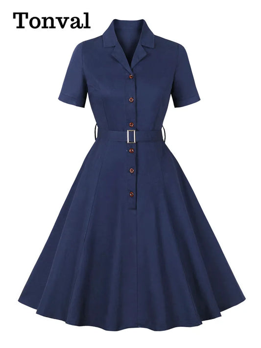 Tonval Notched Collar Single Breasted Solid Color Vintage Dress Short Sleeve Belted Formal Elegant Women Cotton Dresses