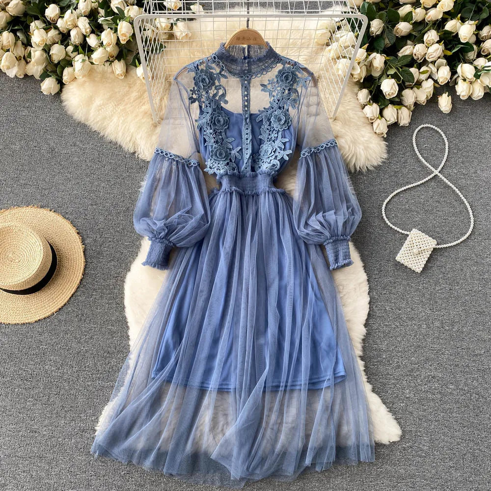 Women Evening Dress Three-dimensional Decoration Floral Mesh Stand Collar Lantern Sleeve Waist Up Ladies Dresses Summer 2023