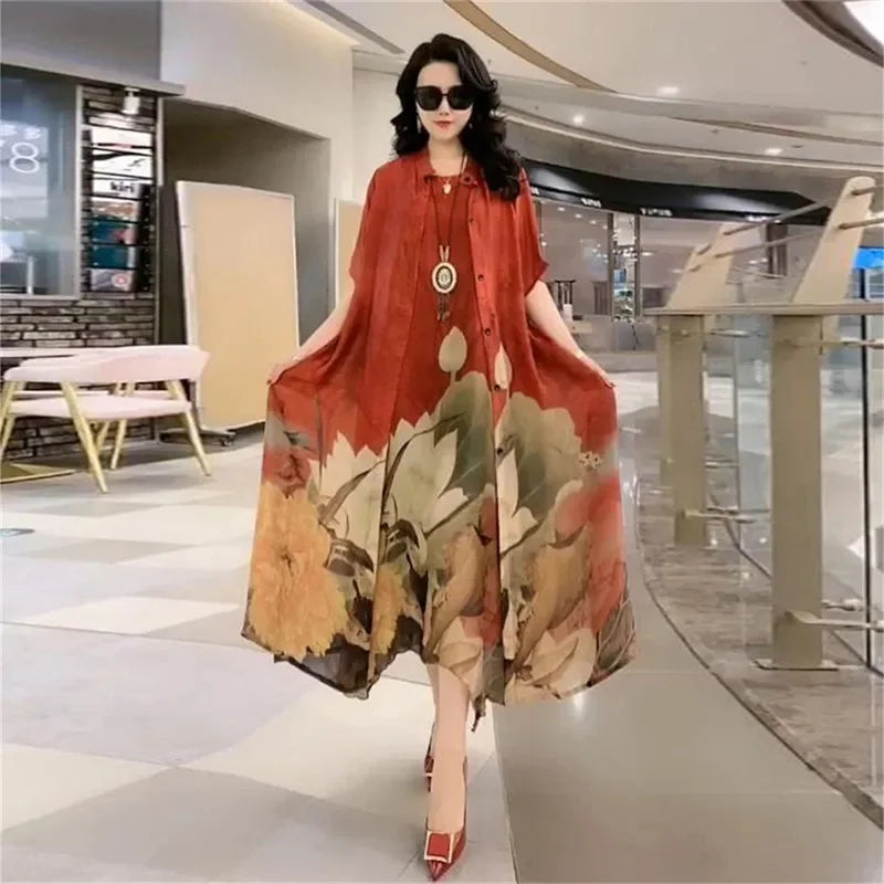 2022 Mother Dress Suit Summer Casual Fashion Printing Two Piece Suits Long Dress Suits Women Temperament Dress Sets Female Suits