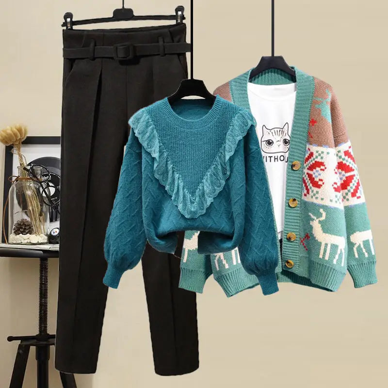 Women Warm Thicken Y2K Suit Christmas Cardigan Sweater+Woolen Pant Three Piece Set Outfit Female Winter Snowwear Cold Clothing