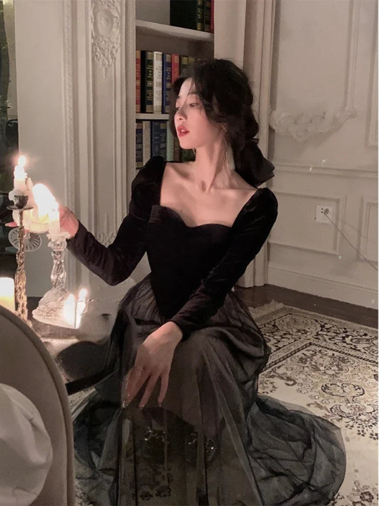 2022 Autumn Elegant Velvet Long Sleeve Midi Dress Woman Slim Vintage Evening Party Dress Female Casual Korean Fashion Dress Chic