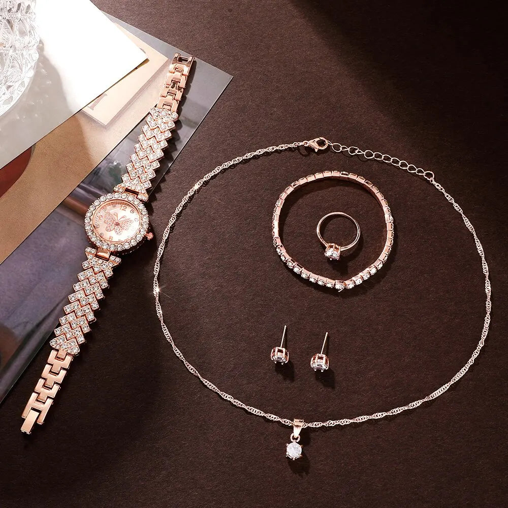 6pcs Jewelry Set Rose Gold Luxury Watch Women Ring Necklace Earring Rhinestone Fashion Wristwatch Casual Ladies Watches