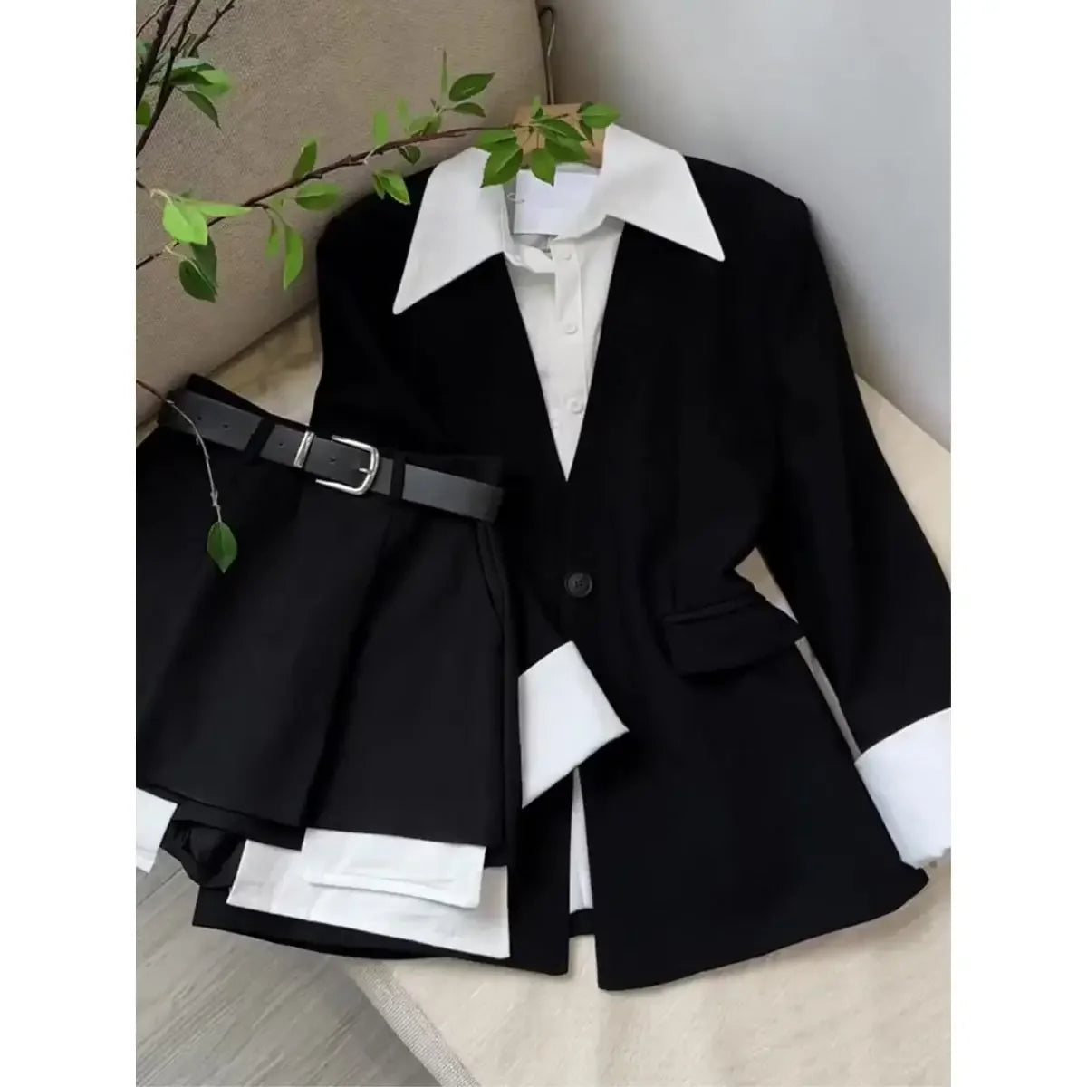 Autumn 2024 New Fake Two Piece Suit Jacket Top Half Skirt Shorts Wide Leg Short Pants   Set Y2k Black Blazers Shirts