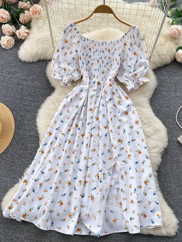 YuooMuoo, envío rápido, vestido de mujer, moda romántica, estampado Floral, vestido largo dividido de verano con mangas abullonadas, Vestidos coreanos de fiesta