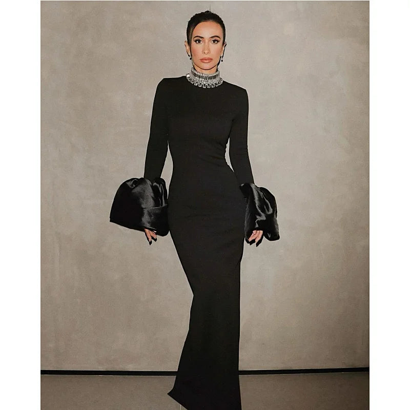 STOCK brillant diamants cou manches évasées noir longue robe de pansement élégant femme robe de soirée tenue de soirée Cocktail