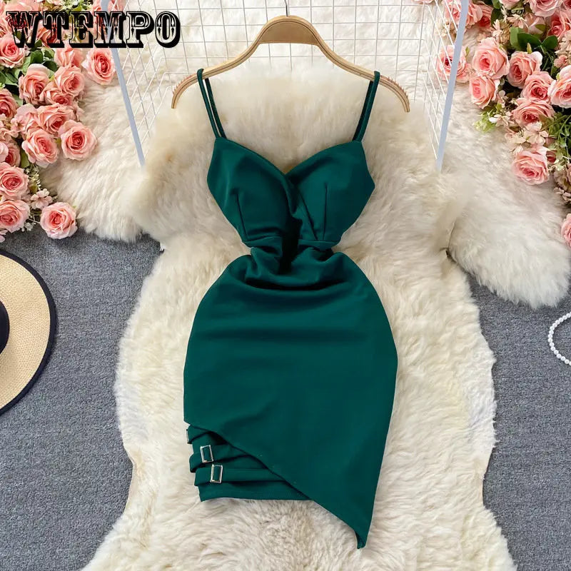 WTEMPO – robe d'été Sexy pour femmes, couleur unie, irrégulière, portefeuille de hanches, rouge, dos nu, col en v, taille haute, Slim, sans manches, robe de soirée