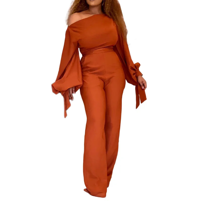 WSFEC S-3XL 2022 Winter Fall Outfits Evening Jumpsuits Women Clothing African Bubble Sleeve Diagonal Collar Wide Leg Bodysuit