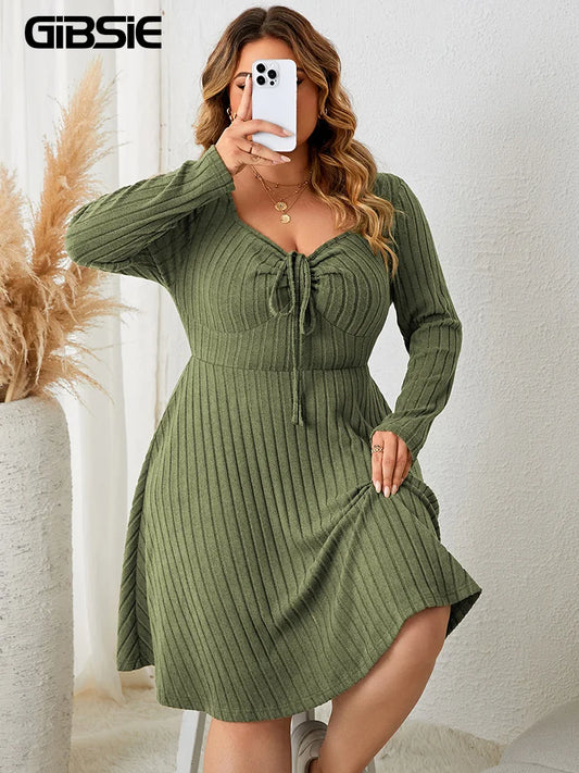 GIBSIE, vestido de talla grande de talla grande con escote corazón y nudo frontal, vestido de mujer de otoño, nuevo vestido Vintage de manga larga de punto acanalado, vestidos informales de invierno