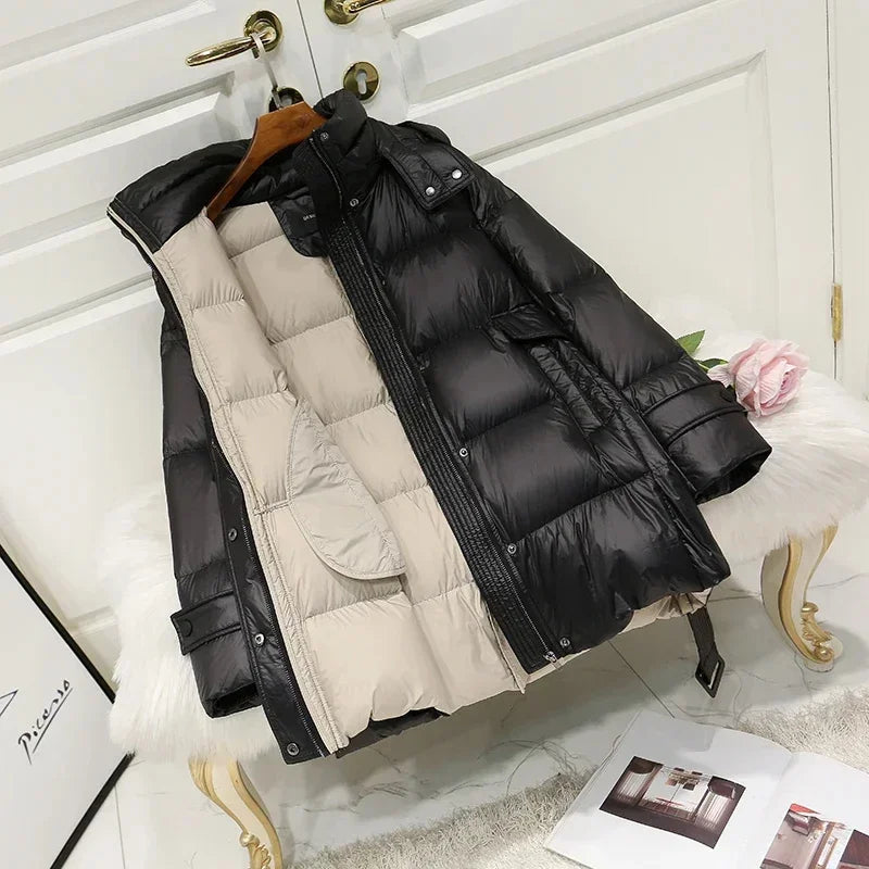 2024 New Chic Winter Down Jacket Women Clothing Fashion Middle Long Waist Black Puff s High-end Female Abrigos