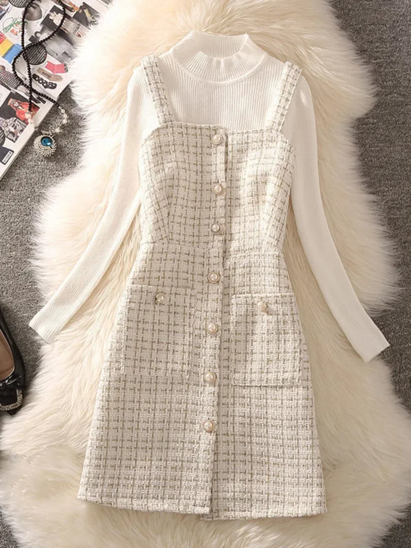 Ensemble deux pièces pour femmes, mode coréenne, col noué, chemisier blanc et bretelles Spaghetti, simple boutonnage, Mini robe en Tweed, 2023