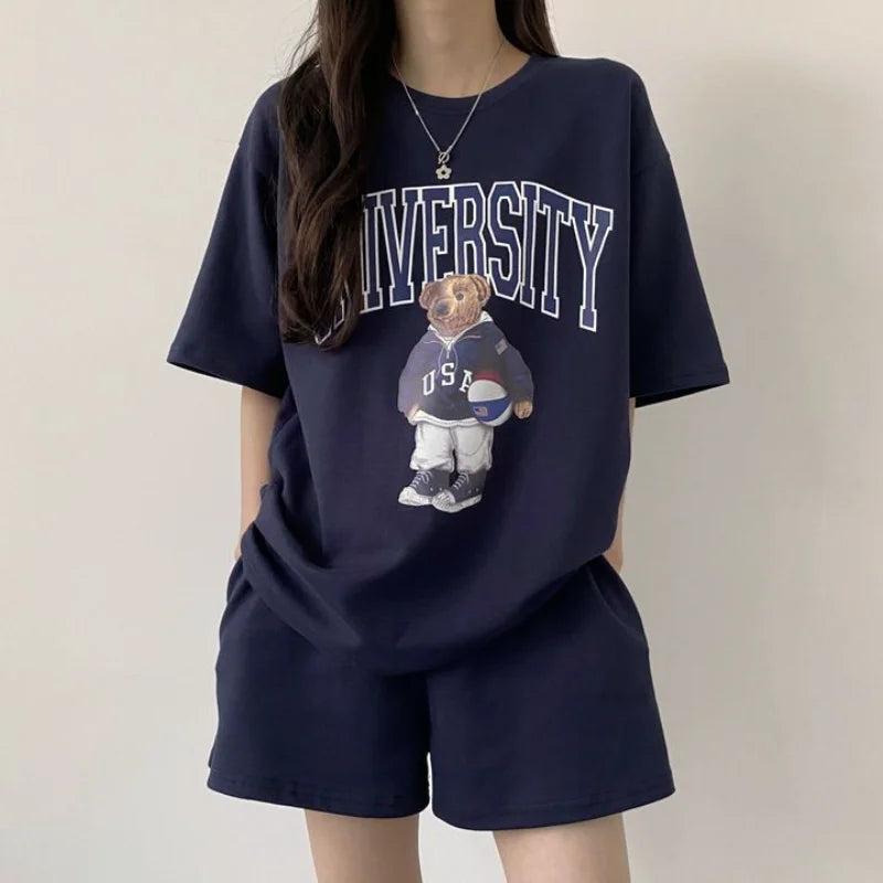 2024 New Casual Loose Two Pieces Short Sleeve T Shirt and High Waist Short Pants Suits Summer Cotton Bear Print Short Sets Women