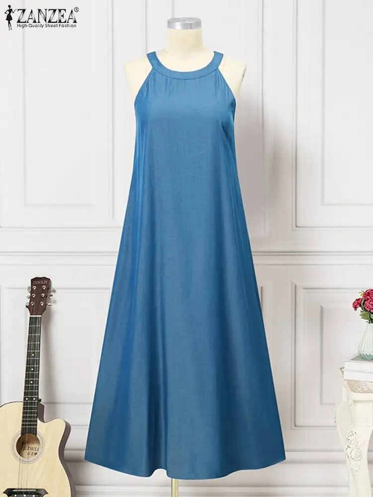 2023 PLUS SIZE ZANZEA Fashion Denim Long Dress Sexy Women Halter Swing Sundress Holiday Sleeveless Robe Casual Loose Maxi Dress