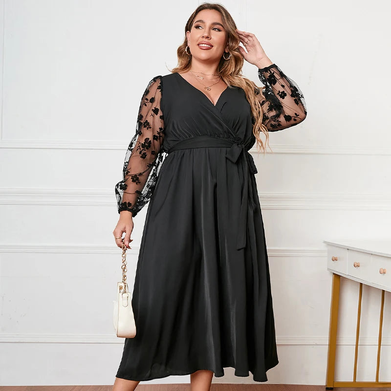 Della Mel grande taille femmes vêtements Sexy col en V dentelle manches longues robe Maxi dames élégant décontracté grande taille robes 3XL 4XL