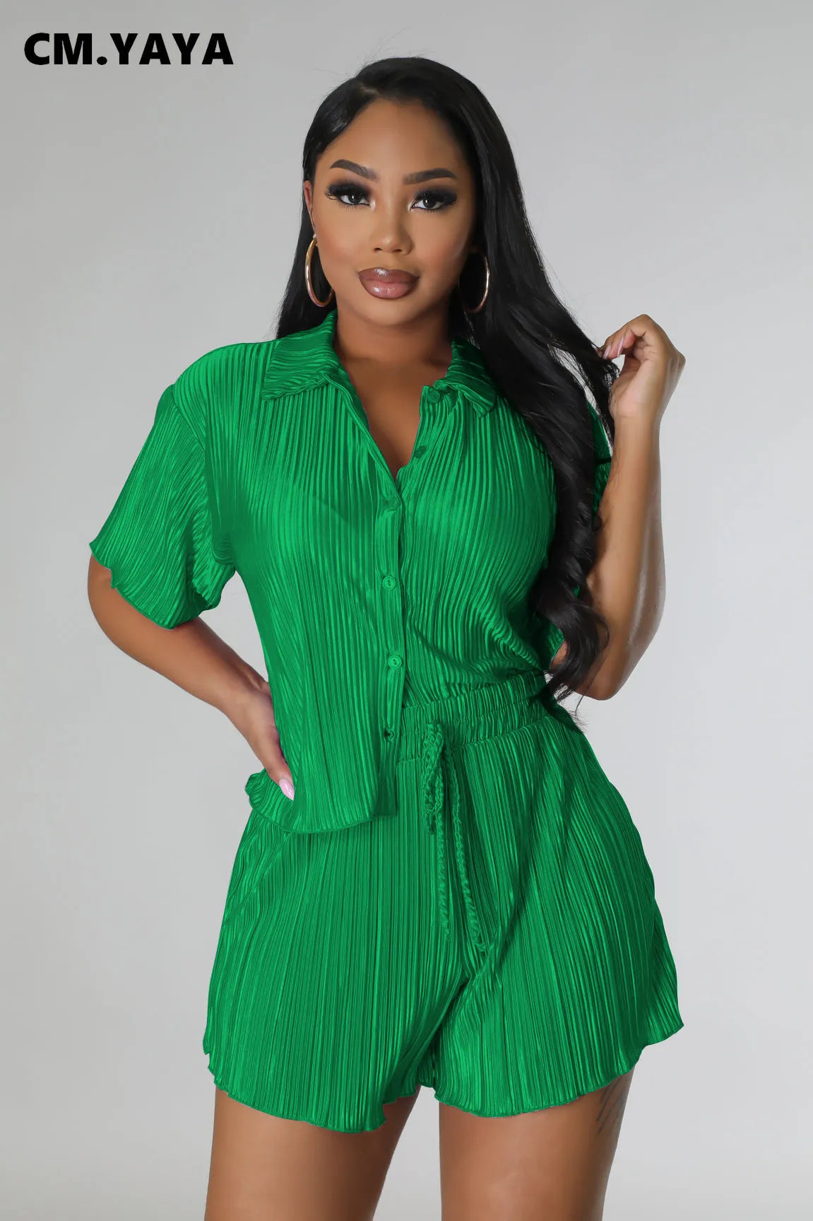 CM.YAYA Street Vintage Pleated Women's Set Short Sleeve Shirt Blouse and Shorts Suit 2023 INS Two 2 Piece Set Outfit Tracksuit