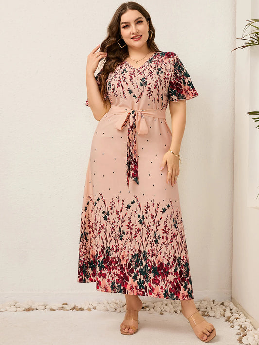 Robe longue d'été pour femmes, col en V, manches courtes, imprimé Floral, style Boho, robe de plage, courbée, grande taille, vêtements pour femmes, 2023