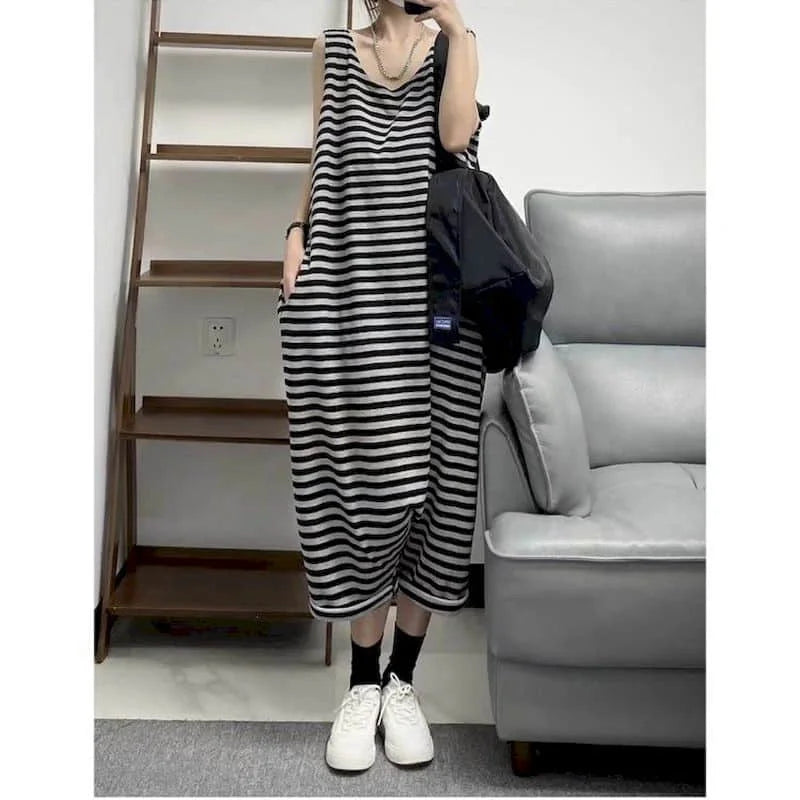 Striped Jumpsuits for Women Summer Sleeveless Oversized One Piece Outfits Women Loose Korean Style Casual High Waist Cross-Pants