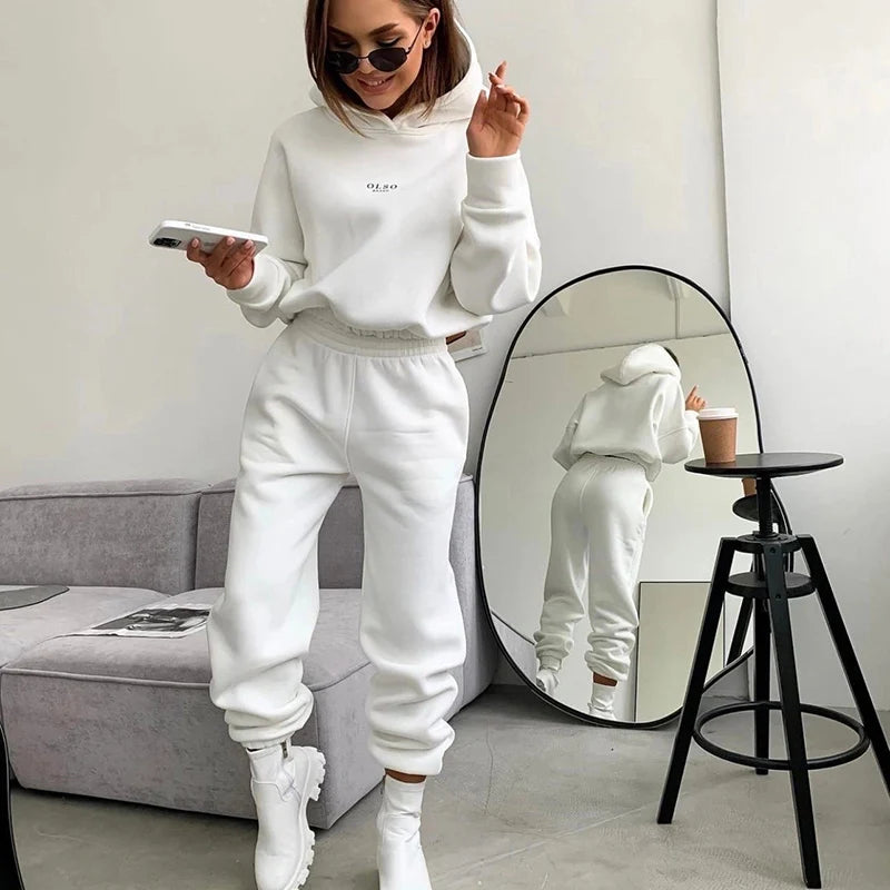 Women's Tracksuit Casual Letter Print Hoodies Suits Autumn Winter Warm Hooded Sweatshirts And Long Pants Fleece Two Piece Sets