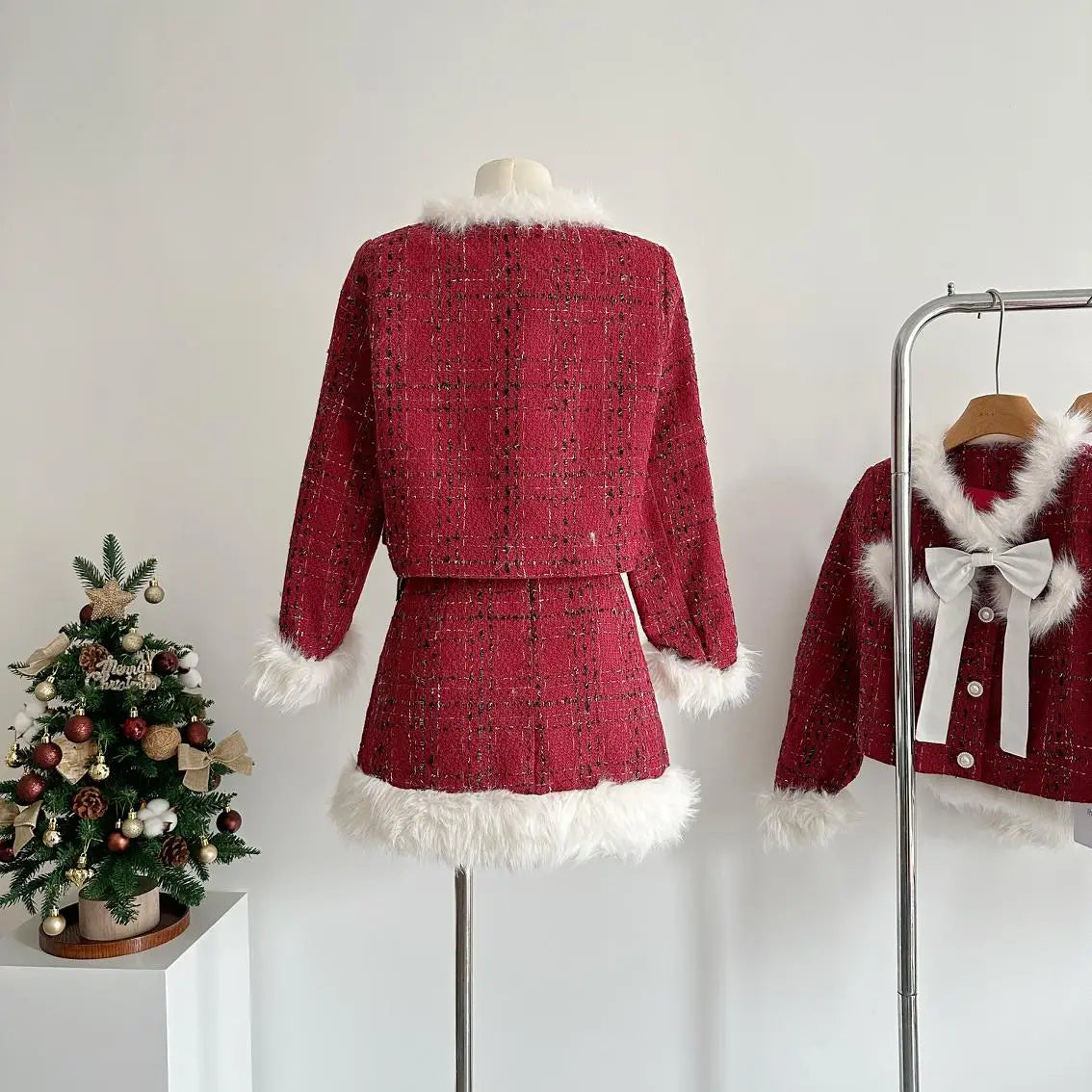 Women Elegant Tweed red Suit Blazer Jacket Coat Top And Mini Skirt Two Piece Set Matching Outfit Winter Office Work Clothing