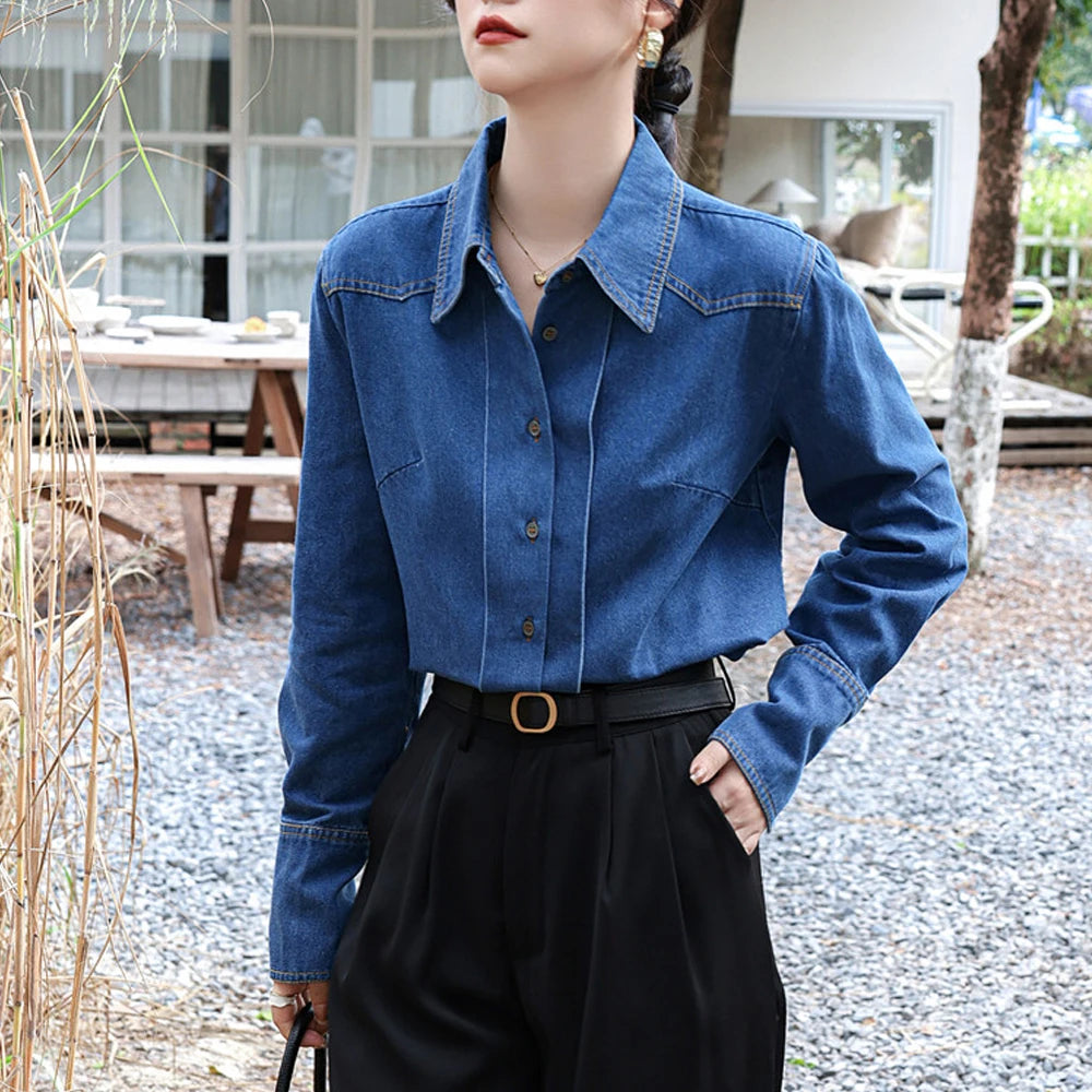 Fashion Women Denim Blouses Vintage Loose Long Sleeve Outwear Tops Women Simplicity Elegant Casual Shirts Female Clothing 2024