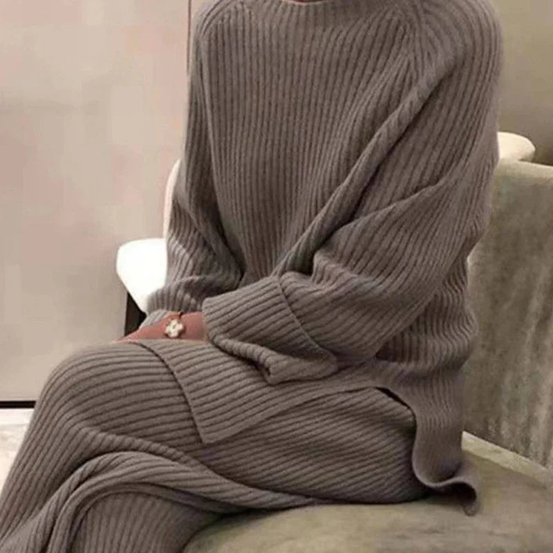 Women Loose Knit Sweater Suit Solid Color O Neck Pullover Wide Leg Pants Suit Autumn Winter 2 Pieces Set Homewear