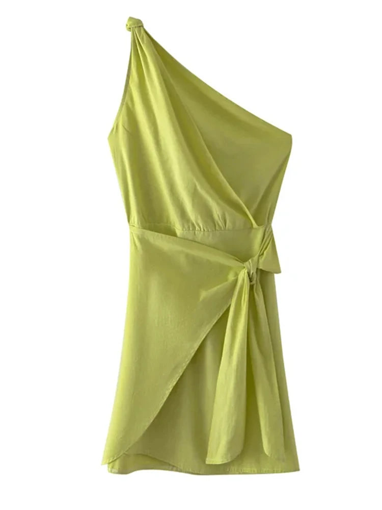 Foridol – robe d'été courte froncée en coton blanc, asymétrique épaule dénudée, avec nœud papillon, robe de plage, sans manches, couleur unie