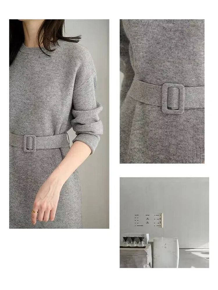 Robe tricotée mi-longue à col rond et manches longues pour femme, tenue de soirée élégante, rose, gris, ligne a, pull, collection automne hiver 2023