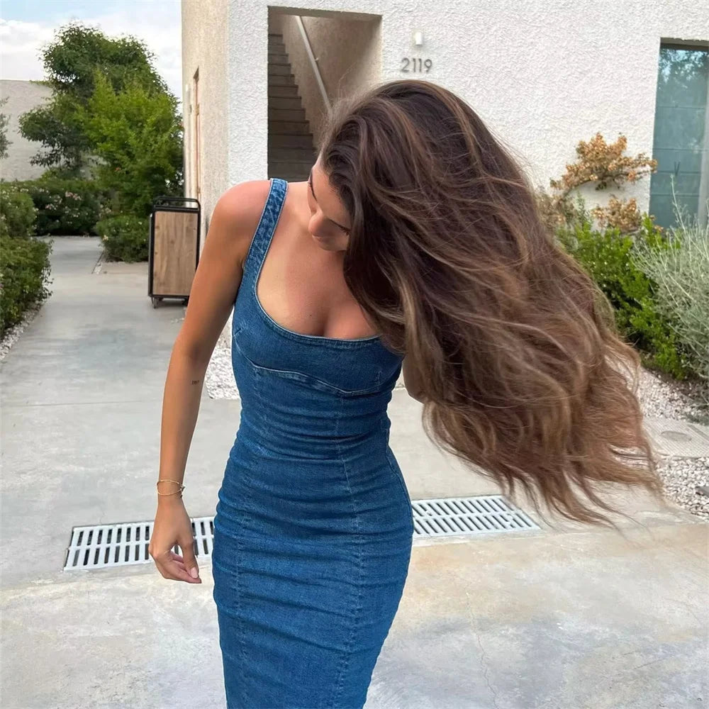 UNIZERA – robe longue en Denim pour femmes, nouveau Style de mode, coupe ajustée, bretelles fines, fermeture éclair, automne 2023