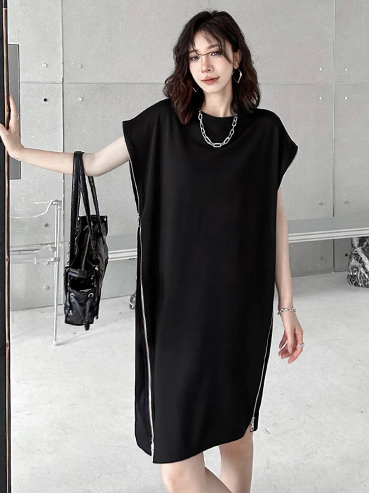 [EAM] vestido Casual negro con cremallera de talla grande para mujer nuevo cuello redondo manga corta corte holgado moda Primavera Verano 2024 1DF7865