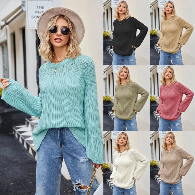 Pull à manches longues et col rond pour femme, élégant, basique, décontracté, couleur unie, doux, décontracté, pull, vêtements, nouveau