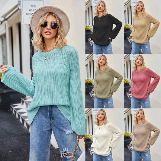 Suéter de mujer moda elegante básico Casual Color sólido manga larga suave cuello redondo Casual suéteres ropa nueva