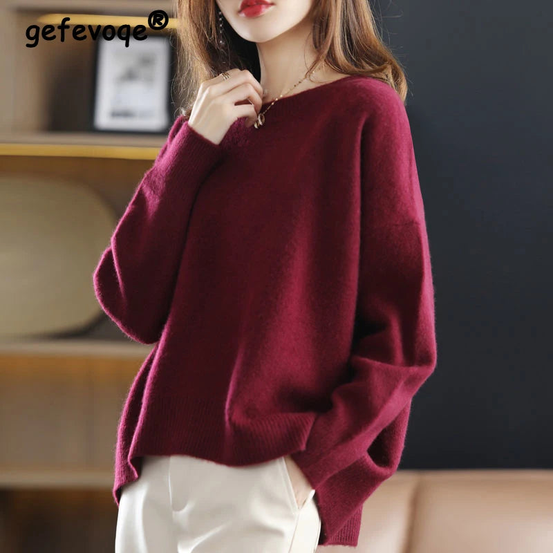 Otoño Invierno elegante suelto Casual Simple suéter señoras elegante moda todo-fósforo tejido pulóver sólido Y2K Top mujeres Jumpers