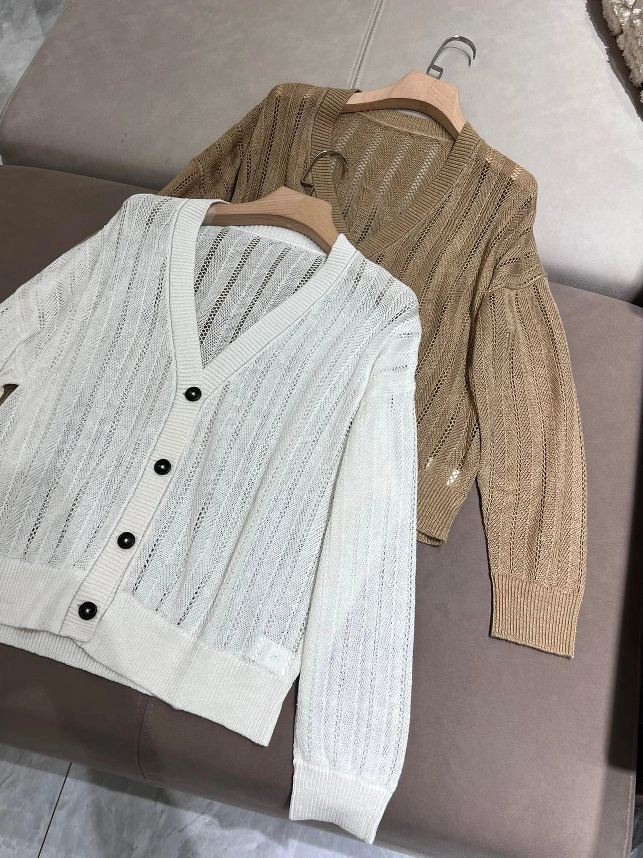 Spring Summer 2024 B*C Women's Cardigan Linen Knitted Light Thin Top‘s Female Long Sleeves Hollow Sweater Woman's Clothing