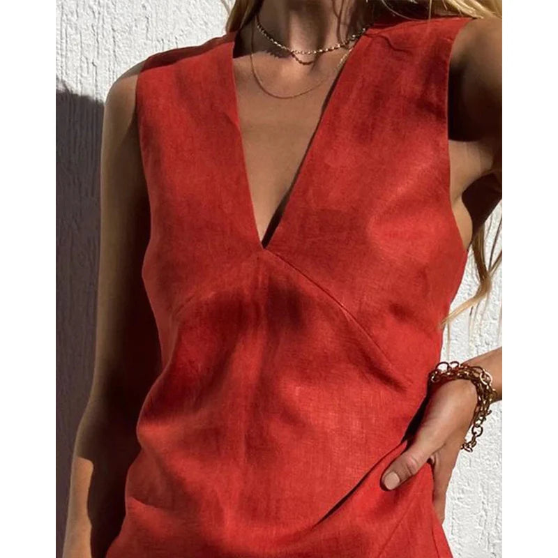 Vestidos de lino de algodón Para Mujer, vestido Sexy con cuello en V sin mangas, vestido básico sin mangas, Vestidos elegantes Para Mujer, Vestidos Para Mujer en oferta de verano