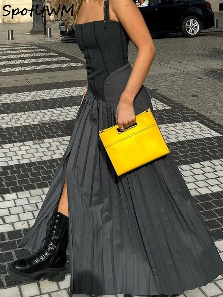 Women Elegant Split Backless Sling Long Dress Patchwork Sleeveless Slim Sexy Suspender Dresses 2023 Party Evening Robe Vestidos