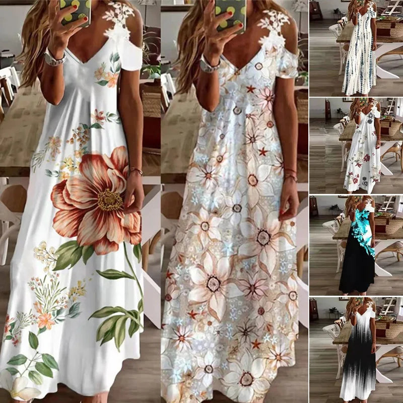 Robe longue en dentelle à imprimé Floral pour femmes, grande taille, ajourée, décontractée, ample, col en v, robe de plage, de soirée, nouvelle collection été 2023