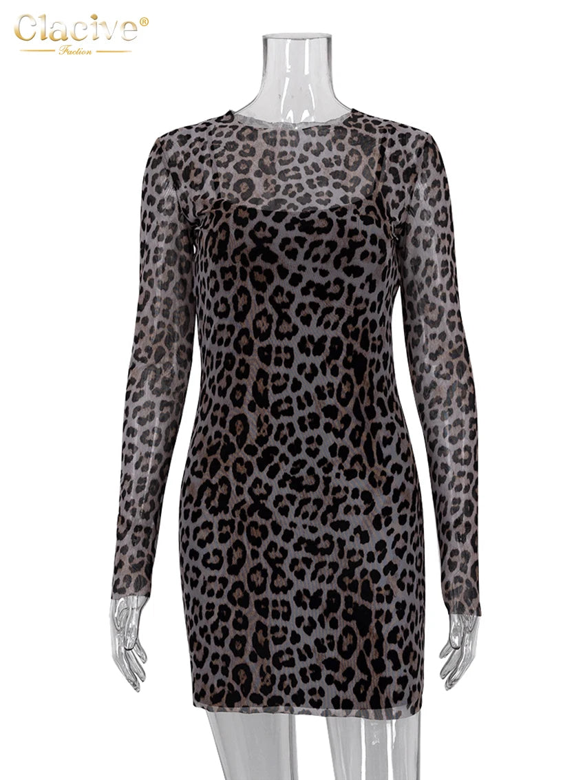 Clacive Sexy Slim Leopard Print Dress Bodycon O-Neck Long Sleeve Mini Dress Elegant See Through Party Dresses For Women 2023