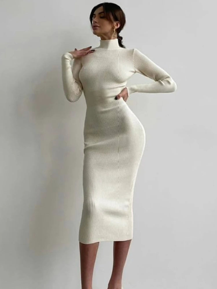 XIZOU Knitted White Dress Turtleneck Long Sleeve Bodycon Dress Autumn Winter Elegant Party Evening Black Dresses for Women