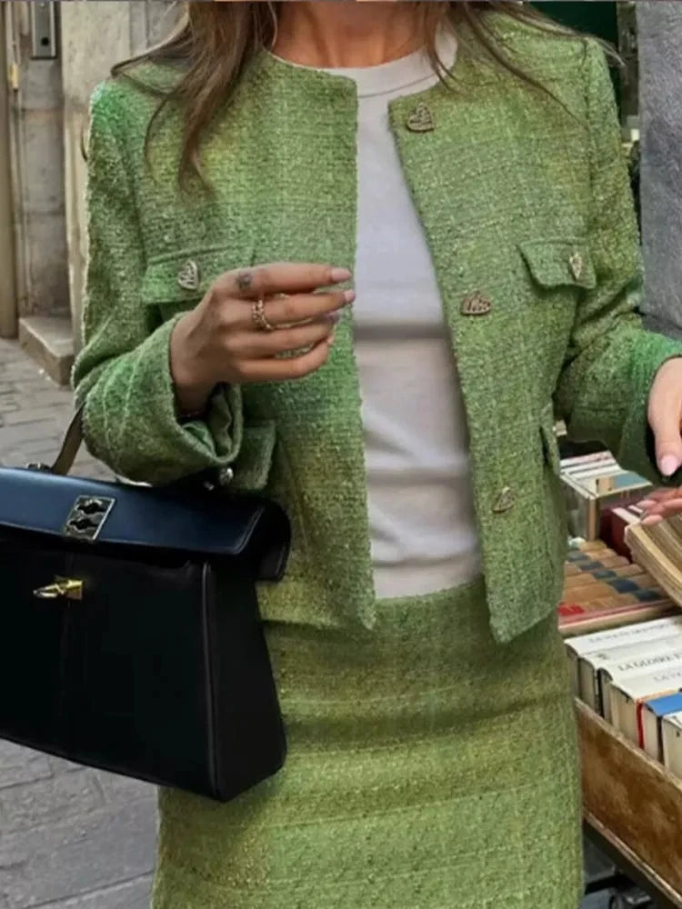 Chaqueta de Tweed para mujer, falda, traje de otoño 2023, abrigo con botones de manga larga y cuello redondo, conjunto elegante de 2 piezas, minifalda ajustada para mujer