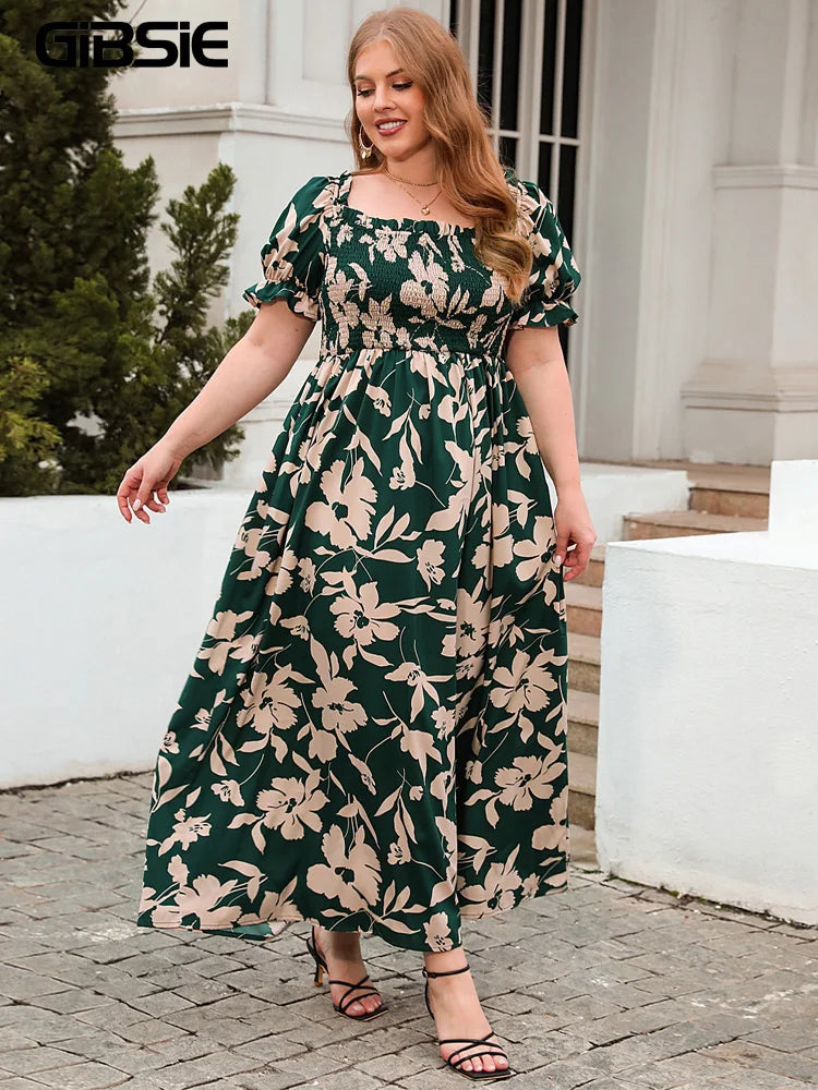 GIBSIE-vestido de talla grande con cuello cuadrado y estampado Floral, vestido de manga abombada para mujer, vestidos largos bohemios para vacaciones en la playa 2024