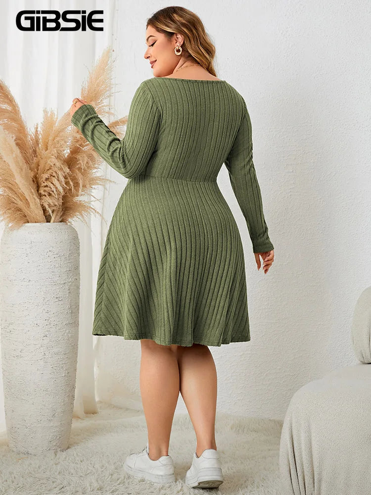 GIBSIE Plus Size Sweettheart Neck Knot Front A-Line Dress Women Fall New Vintage Long Sleeve Ribbed Knit Casual Winter Dresses