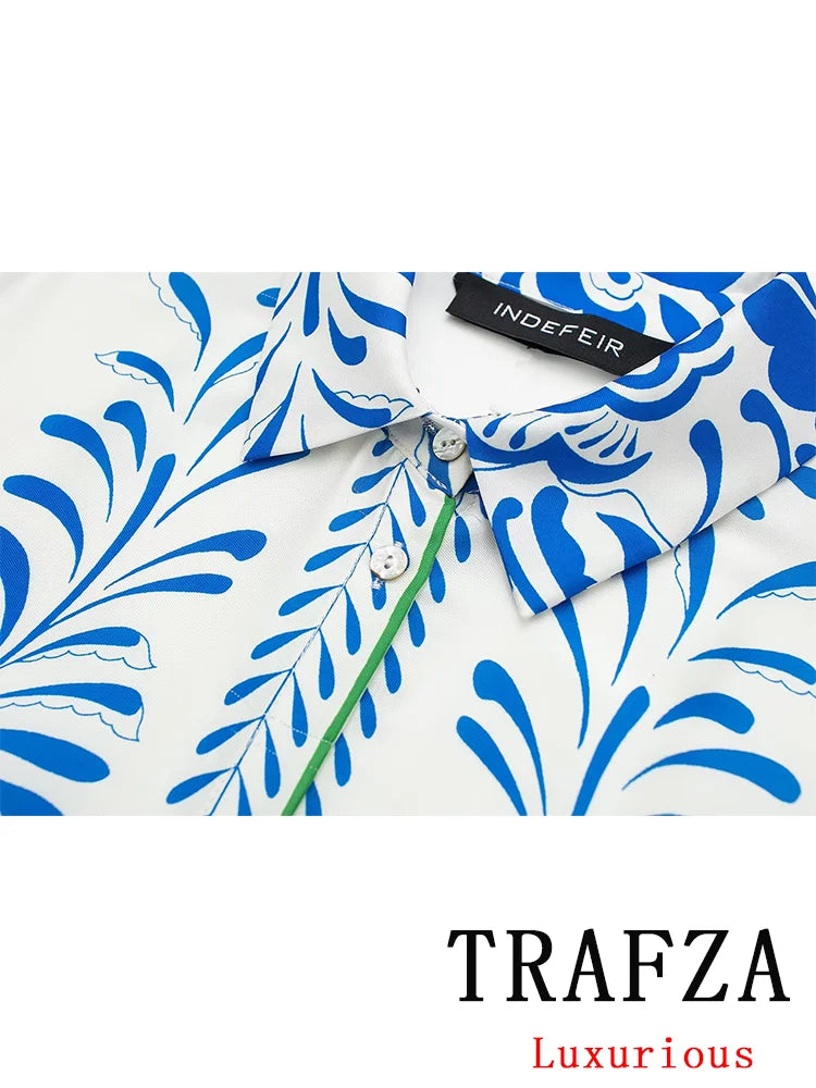 TRAFZA – costume imprimé Vintage décontracté pour femmes, chemise à simple boutonnage, manches longues, pantalon Long ample, Chic, mode printemps 2024, ensembles de base