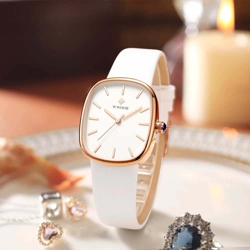 Reloj WWOOR 2024 para mujer, reloj de pulsera de cuarzo de cuero de moda, reloj de pulsera resistente al agua de lujo para mujer, reloj femenino