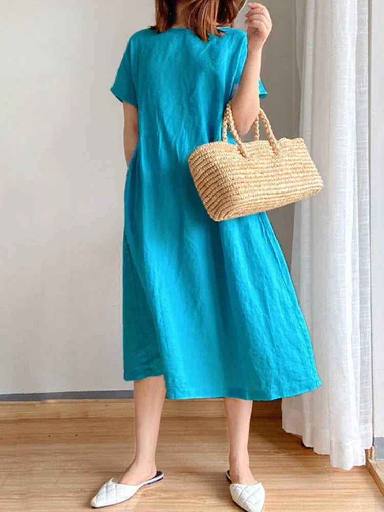 Summer Women Dress Casual Loose Short Sleeve A-LINE Oversize Solid Midi Dress Cotton Linen Dresses for Women Vestidos De Mujer