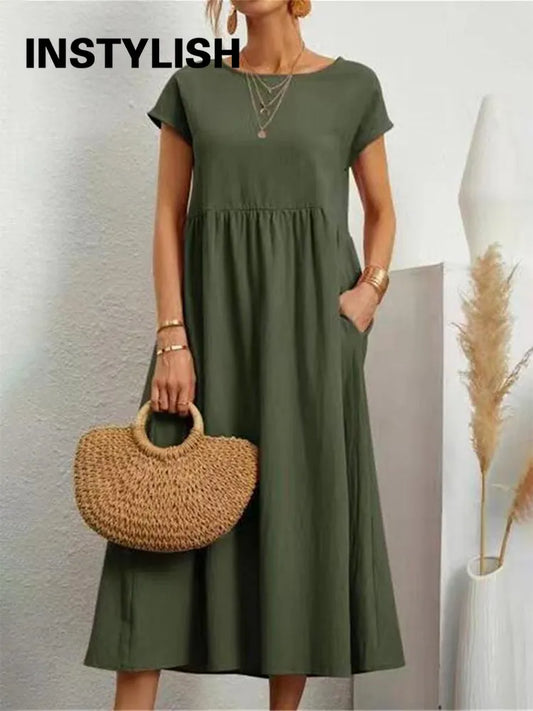 Vintage Solid Midi Dress Casual Short Sleeve Cotton and Linen Harajuku Oversized Long Dress Women Summer Y2K Maxi Sundress 2023