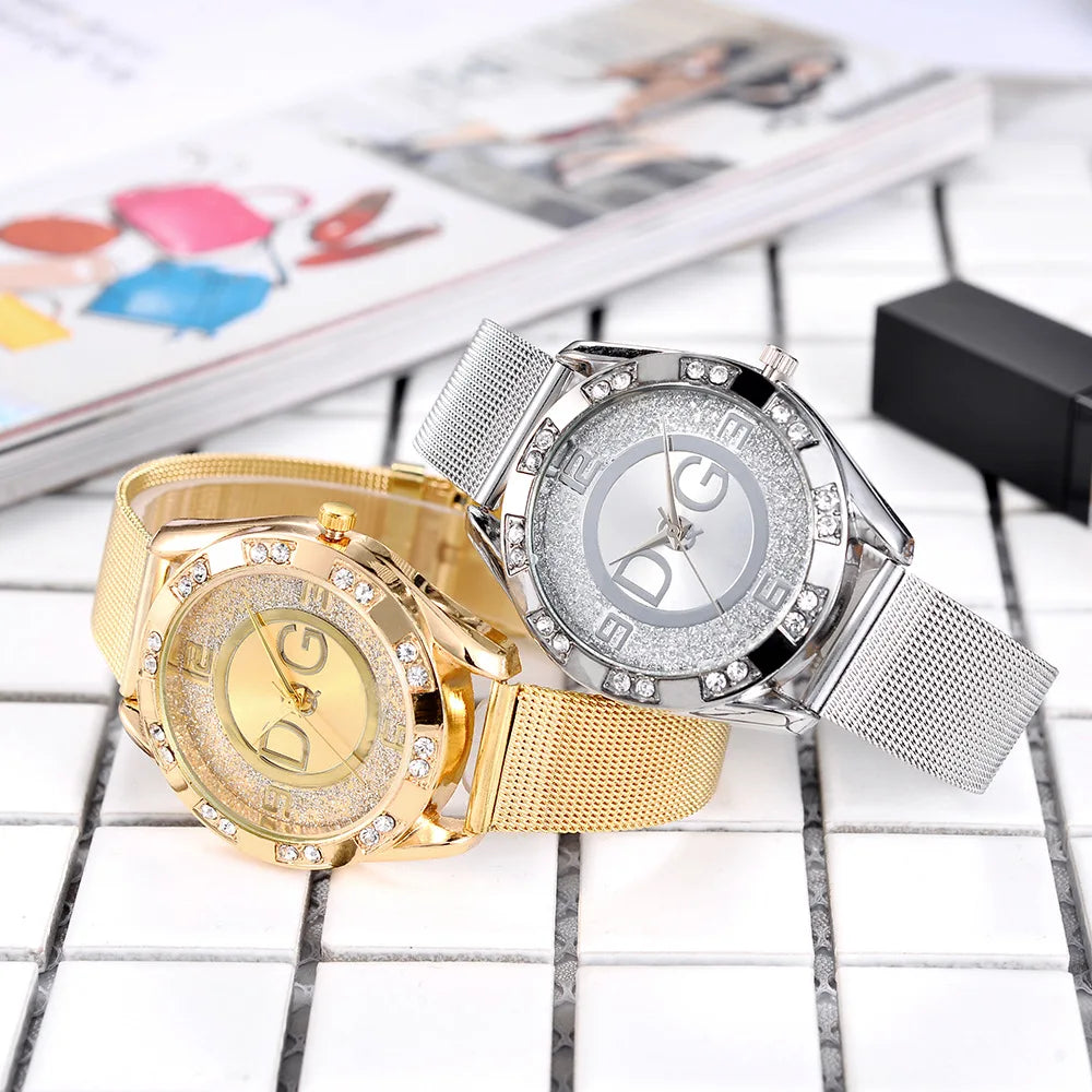 Fashion Luxury Watch DQG Crystal Quartz Female Watch Gold Silver Stainless Steel Ladies Dress Watch  Zegarek Damski