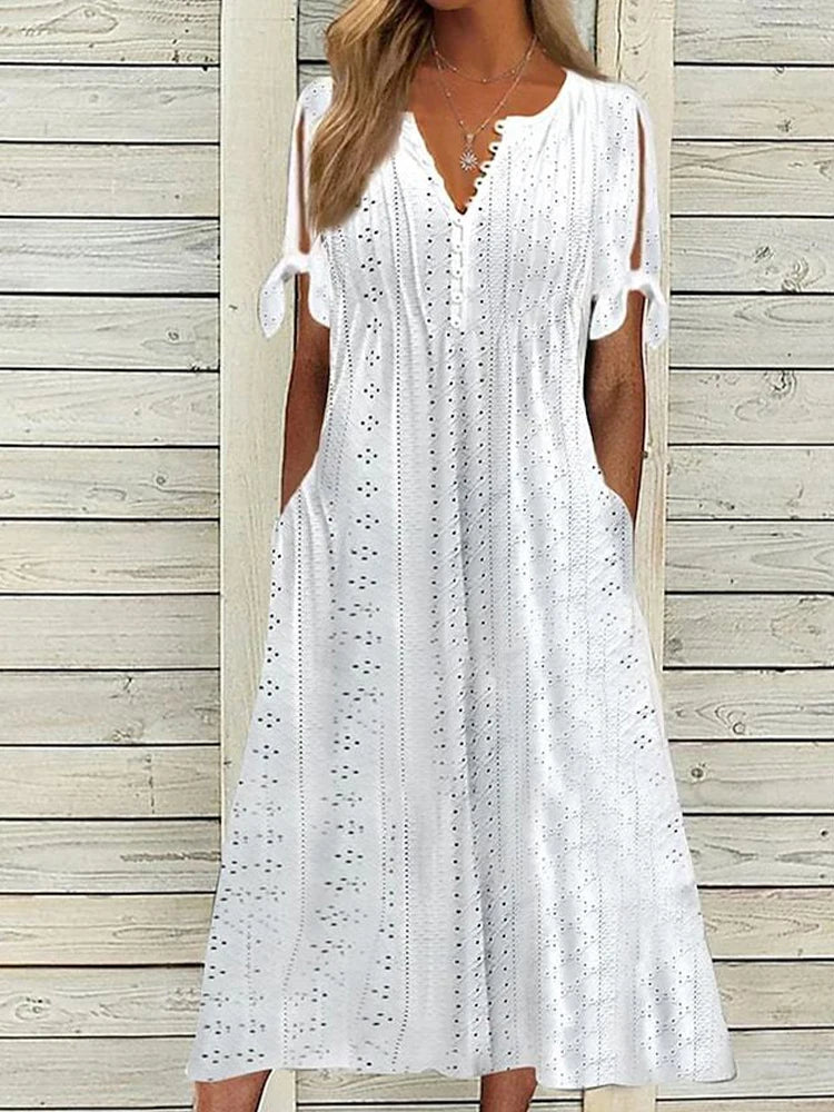 Summer New Women's Dress With Hollow Out V-neck Lace Ruffles Chic Elegant Long Dresses Pullover High Waist White Beach Vestidos